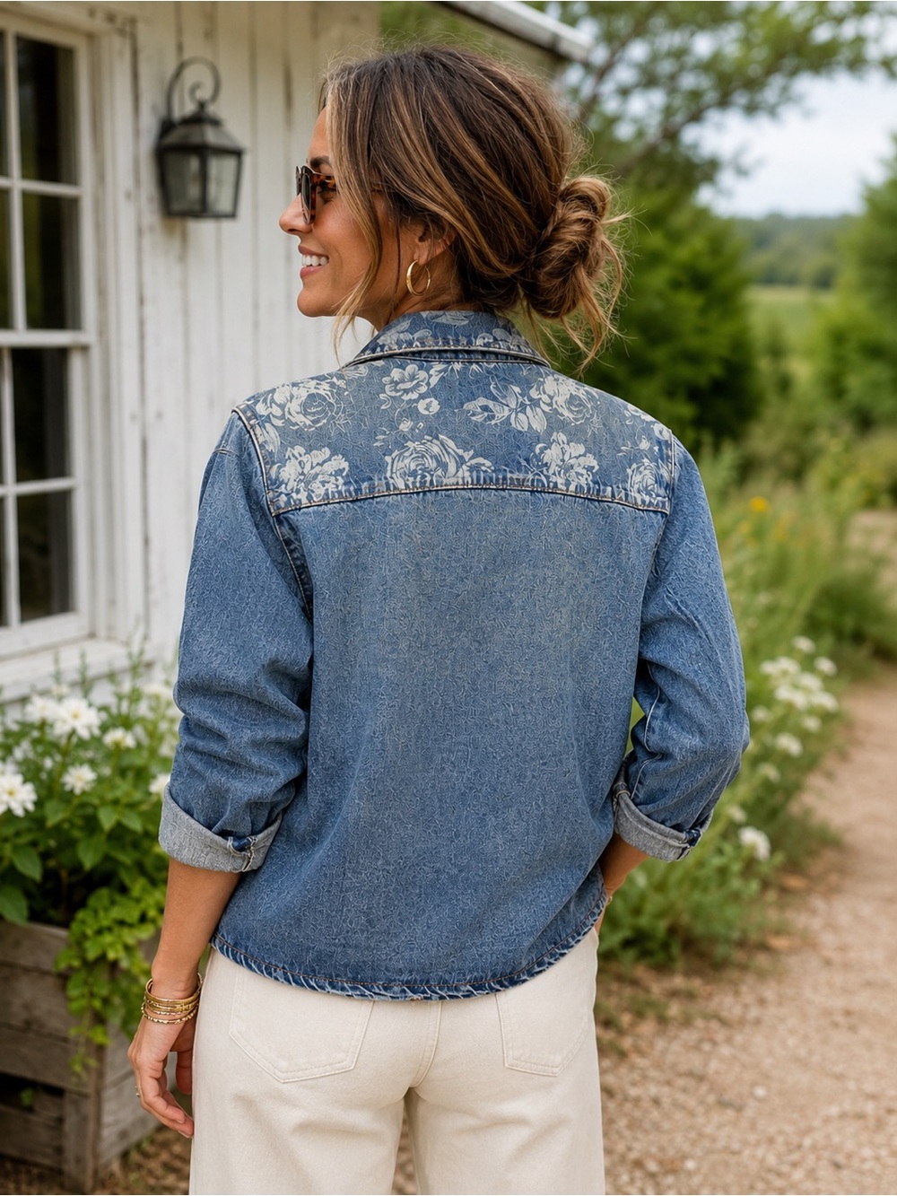 Curve Appeal Denim Utility Jacket | Floral Print Collar | Size Medium - Picture 2 of 7